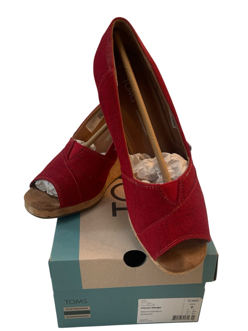 TOMS Red Crosshatch Jacquard Classic Wedge Espadrille Shoe open toe size 7 w box